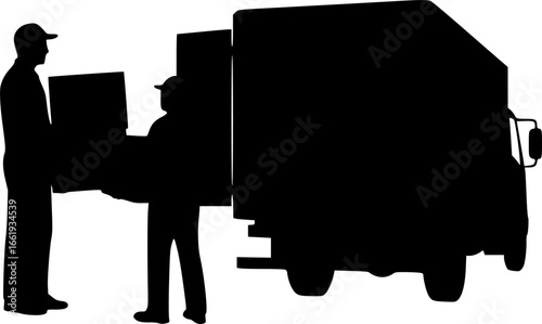 Silhouette of two movers loading boxes into a delivery truck for transportation and relocation service