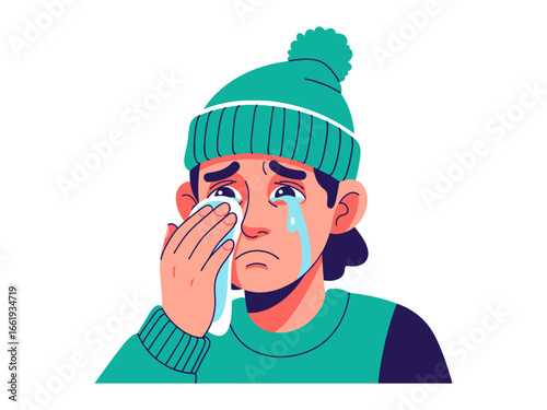 Heartbreak's Echo:  A melancholic illustration, portraying a figure swathed in sorrow, their tearful face and handkerchief speak volumes of emotional distress, in this heartrending piece.