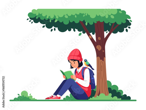 Under the Shade of Wisdom: A young woman absorbed in a book under the gentle shade of a tree, accompanied by a colorful companion, embodying the essence of quiet contemplation and the joy of reading.