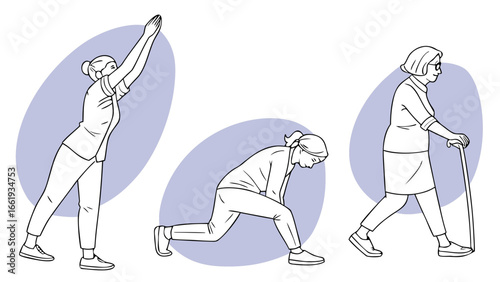 Three women in different stages of life doing exercises and walking with a cane illustration