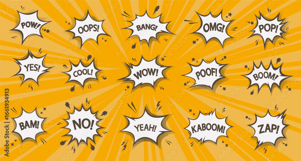 Fototapeta premium Comic speech bubles set. Speech bubles in comic pop art halftone style with text.