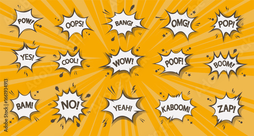 Comic speech bubles set. Speech bubles in comic pop art halftone style with text.