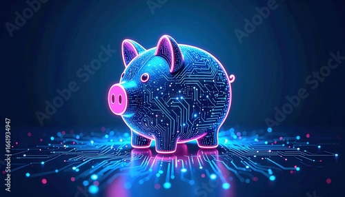 Digital Piggy Bank: A striking digital illustration of a piggy bank, brought to life with circuit patterns and neon lights. Representing smart savings, it symbolizes the future of finance