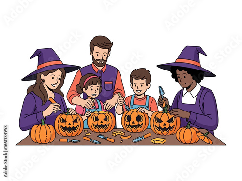 Spooky Family's Halloween Preparations: A family gathers around a table, carving smiling faces into vibrant pumpkins, adorned with witch hats in preparation for a festive Halloween.
