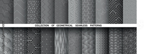 Geometric set of seamless black and gray patterns. Simple vector graphics