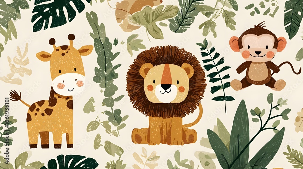 Obraz premium Seamless pattern of playful jungle animals like lion, giraffe, and monkey for kids’ textiles. Concept : Children’s illustration, seamless patterns, playful animal characters, textile and wallpaper des