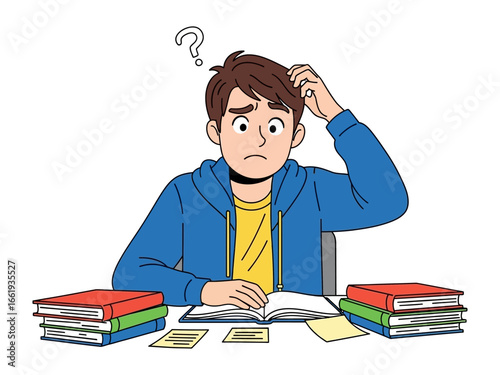 Contemplation Conundrum: An expressive young man grapples with a mental puzzle, his brow furrowed in concentration amidst books and notes.