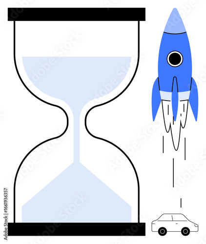 Hourglass symbolizing time, rocket launching to show rapid progress, and car representing movement. Ideal for time management, productivity, innovation, speed, business goals, technology motivation