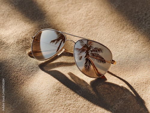 Sunglasses with reflective lenses showing palm tree reflection, on sandy texture. Minimal composition, strong shadow contrast, empty area for text.