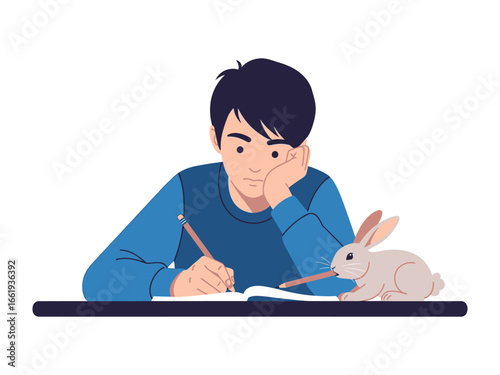 Student with a Bunny: A focused student diligently works on his assignment, his brow furrowed in concentration, while a curious bunny innocently nibbles on a pencil, creating a humorous contrast.