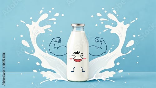 Funny Milk Bottle with Cartoon Arms Splashes on Blue Background
