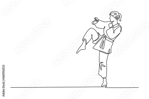 Continuous one line drawing female karate athlete performing front kick in sport arena. Symbolizing martial arts, power, skill, and elegant balance. Single line draw design vector graphic illustration