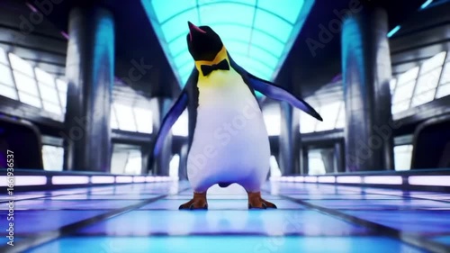 8-second penguin doing moonwalk dance inside a futuristic indoor hall, glowing floor, neon colors