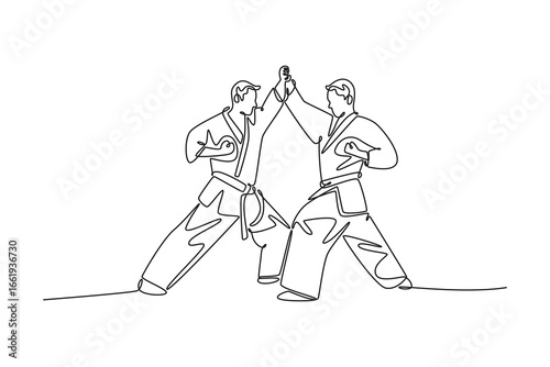 Continuous one line drawing two male karate athletes facing each other, with one hand clasped in a gesture of sportsmanship and respect after fight. Single line draw design vector graphic illustration
