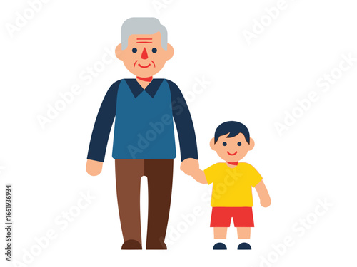 Bonding Generations: A heart warming illustration that captures the bond between grandparent and grandchild. A grandad and a little boy are standing closely, hand in hand.