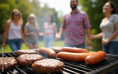 Close-up of a grill sizzling with burgers and hot dogs, with people laughing in the blurred background at a sunny outdoor barbecue. High quality