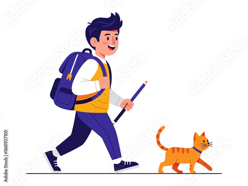 Going to School with A Friend: A cheerful young boy, his backpack brimming with anticipation, strides confidently toward his next adventure, closely followed by a playful, friendly cat.