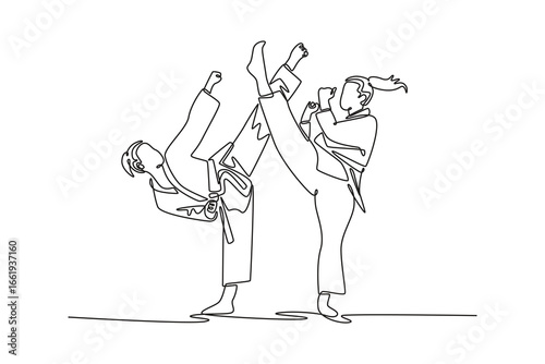 Single one line drawing two female karate athletes performing simultaneous high kicks. Symbolizing martial arts, power, skill, and discipline. Continuous line draw design graphic vector illustration