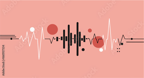 Abstract sound wave illustration with pulsating heartbeats and circles on a pink background