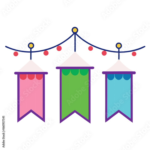 Colorful festive bunting flags with string lights decoration