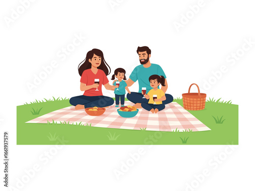 Family Picnic Scene: A cheerful family enjoying a sunny picnic on a checkered blanket, with food and drinks set out, the image captures the joy of togetherness in nature.