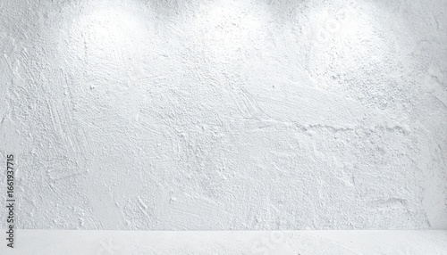 Clean and minimalist white textured wall background illuminated by three professional spotlights, ideal for studio photography, product promotion, and elegant display purposes.