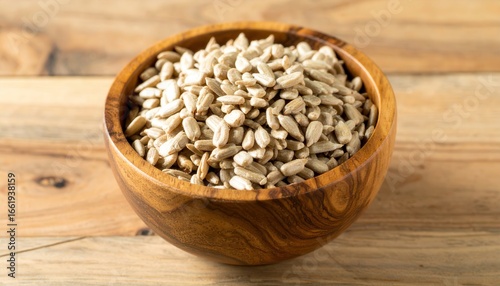 Sunflower Seeds in Wooden Bowl: A close-up shot reveals a wooden bowl filled with nutritious sunflower seeds, set against a backdrop of warm wood.