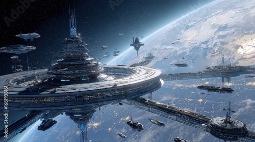 Fototapeta Naklejka Na Ścianę i Meble -  Futuristic Orbital Space Station City above Earth used for scifi space exploration