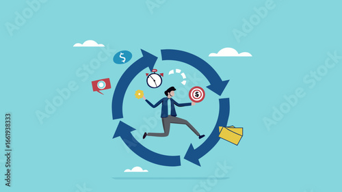 build good work habits with several skills, habitual procedures leading to business or career success, discipline or working efficiency, business people carry out work with a circle of good work habit