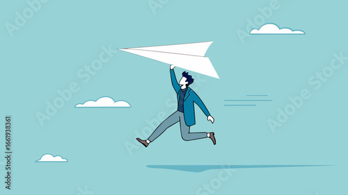 businessman throwing paper plan while sending email, email subscription to send newsletter for product promotions and updates, business launching concept, online communication illustration flat style
