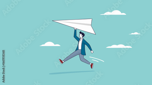 businessman throwing paper plan while sending email, email subscription to send newsletter for product promotions and updates, business launching concept, online communication illustration flat style
