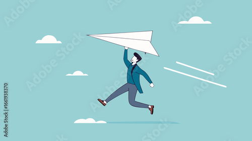 businessman throwing paper plan while sending email, email subscription to send newsletter for product promotions and updates, business launching concept, online communication illustration flat style
