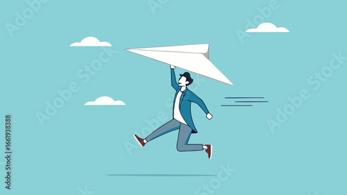 businessman throwing paper plan while sending email, email subscription to send newsletter for product promotions and updates, business launching concept, online communication illustration flat style
