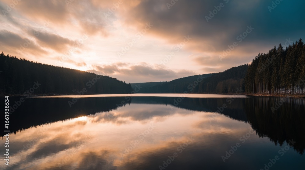 Fototapeta premium A serene lake surrounded by dense forest reflects the sky with mirror-like clarity,