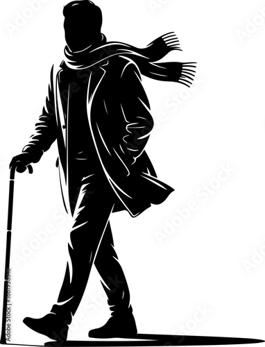 A pure black silhouette of an adult walking outdoors in a relaxed morning stroll 