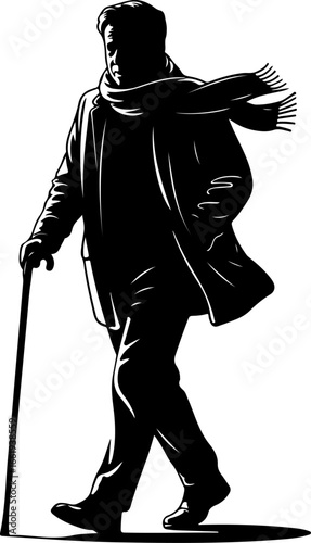 A pure black silhouette of an adult walking outdoors in a relaxed morning stroll 