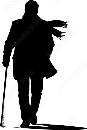 A pure black silhouette of an adult walking outdoors in a relaxed morning stroll 