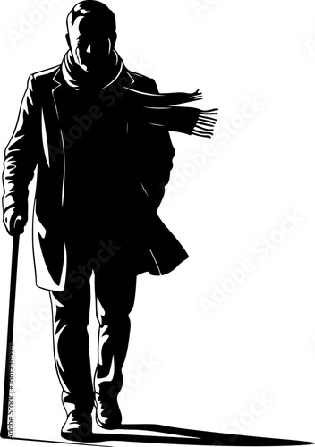 A pure black silhouette of an adult walking outdoors in a relaxed morning stroll 