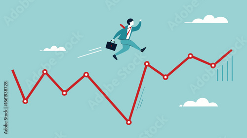 Overcoming financial problems in business or investment with businessman jumping over falling financial graph, creative idea or solution to solve problem, business challenge concept illustration
