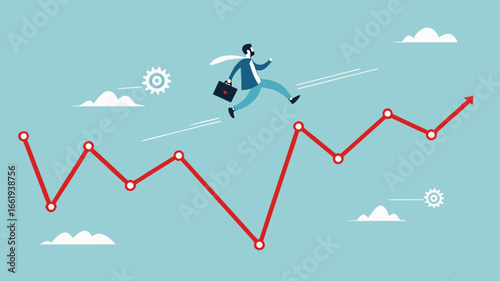 Overcoming financial problems in business or investment with businessman jumping over falling financial graph, creative idea or solution to solve problem, business challenge concept illustration
