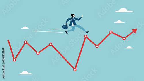 Overcoming financial problems in business or investment with businessman jumping over falling financial graph, creative idea or solution to solve problem, business challenge concept illustration
