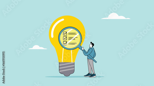 researching business ideas, market research for business idea success, Business idea viability checking, businessman with magnifier analyze business light bulb idea concept vector illustration
