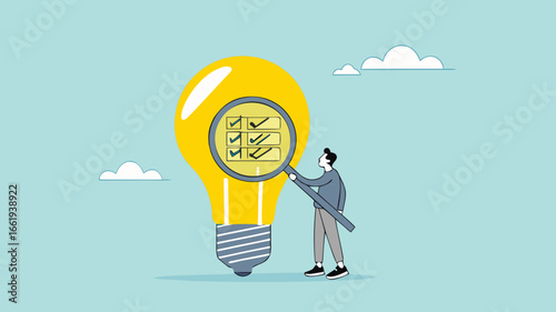 researching business ideas, market research for business idea success, Business idea viability checking, businessman with magnifier analyze business light bulb idea concept vector illustration
