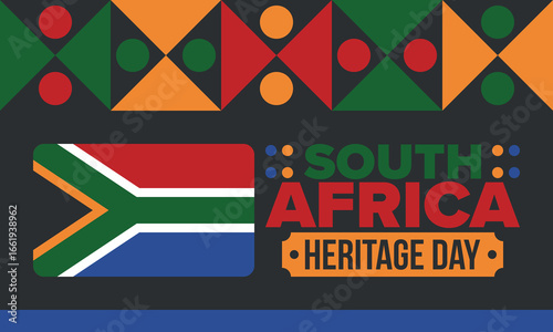 South Africa Heritage Day. Happy holiday. Celebrate culture and traditions of nation. South African flag. Poster with illustration. Pattern design. Vector