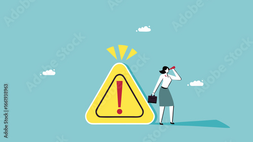 businesswoman making warning announcement use megaphone with attention exclamation sign. attention or warning information. breaking news or urgent message communication. Important announcement
