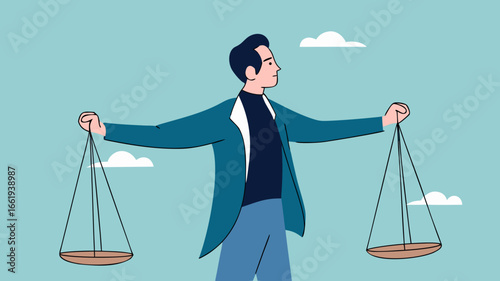 Balance of principles. businessman with briefcase carries scales in his hands, justice and honesty. Strong personality, mental attitudes. Entrepreneur and business ethics. Cartoon flat illustration
