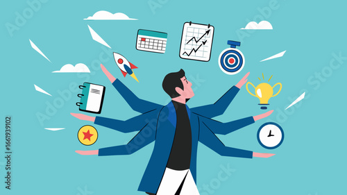 multiple project management concept illustration, juggle multiple project concept, professional businessman manage multiple project at the some time vector illustration with flat design style
