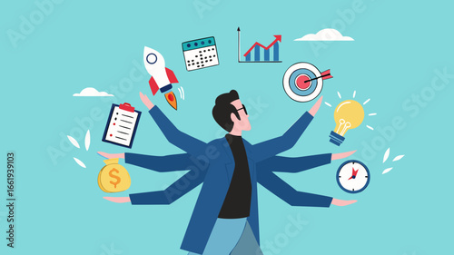 multiple project management concept illustration, juggle multiple project concept, professional businessman manage multiple project at the some time vector illustration with flat design style
