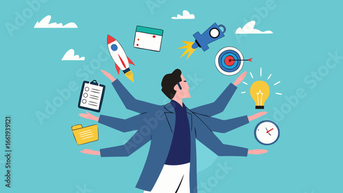 multiple project management concept illustration, juggle multiple project concept, professional businessman manage multiple project at the some time vector illustration with flat design style
