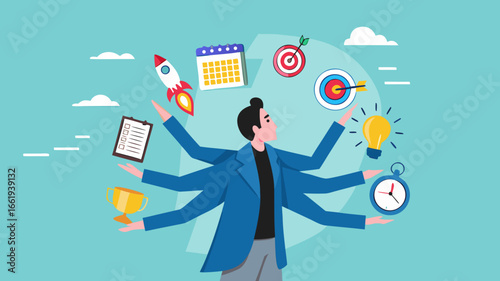 multiple project management concept illustration, juggle multiple project concept, professional businessman manage multiple project at the some time vector illustration with flat design style
